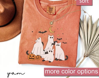 Comfort Colors® Schwarzes Katzen-Shirt, Geisterkatzen-Shirt, Katzengeist-T-Shirt, süßes Katzenliebhaber-Shirt, Retro Geist Halloween, Halloween-Katzen-T-Shirt