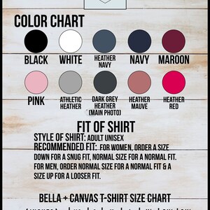 May include: A color chart for Bella + Canvas t-shirts with a size chart in inches. The chart shows the width, length, and sleeve length for sizes XS to 3XL.