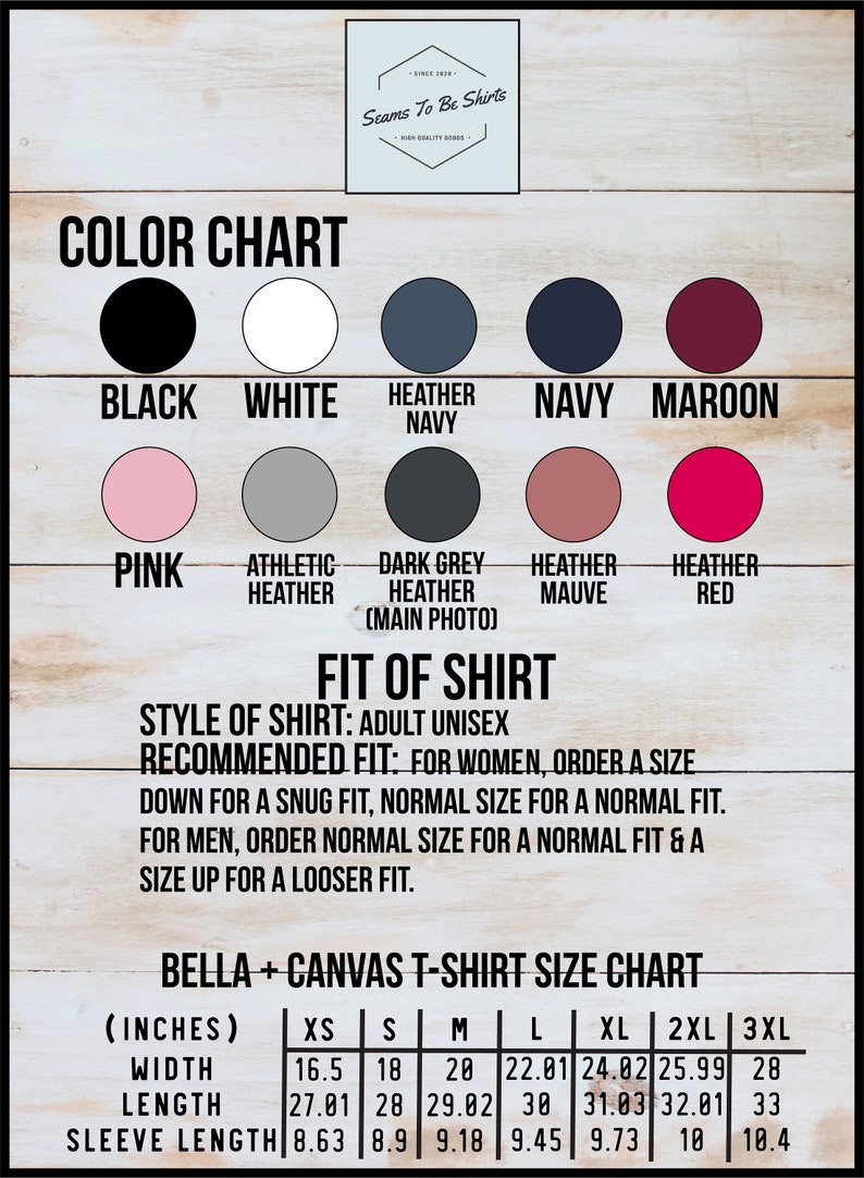 May include: A color chart for Bella + Canvas t-shirts with a size chart in inches. The chart shows the width, length, and sleeve length for sizes XS to 3XL.