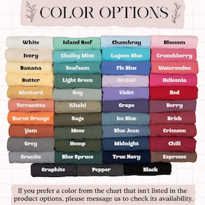 May include: A colour chart with the text "COLOR OPTIONS" at the top. The chart displays various fabric colours, including white, blue, pink, and green. The text below the chart says, "If you prefer a colour from the chart that isn't listed in the product options, please message us to check its availability."