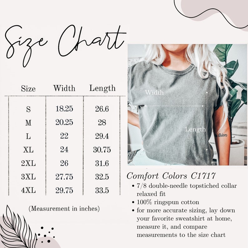 May include: Size chart for a t-shirt with measurements in inches for width and length. The chart shows sizes from S to 4XL. The text "Comfort Colors C1717" is visible, along with details about the shirt's construction and fit.