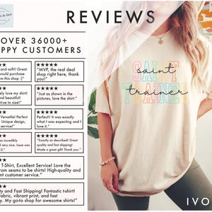 May include: A light beige t-shirt with the text "Saint Trainer" in rainbow colors. The shirt is being modeled by a person wearing olive green leggings. The text "IVORY" is in the bottom right corner of the image.