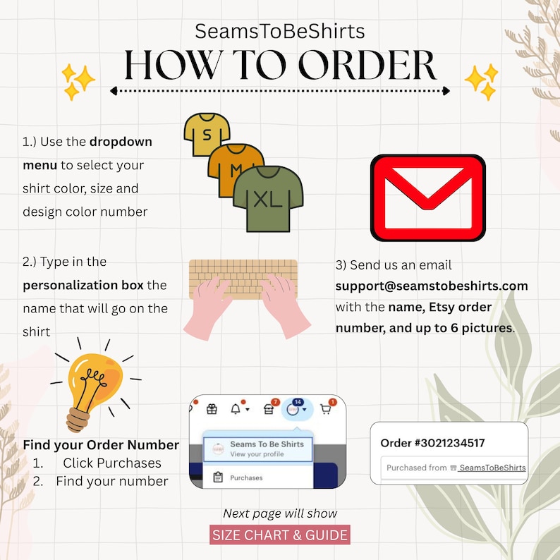 K&ouml;nnte beinhalten: Eine Anleitungsgrafik mit dem Titel SeamsToBeShirts HOW TO ORDER auf einem karierten Hintergrund. Sie beschreibt drei Schritte: Auswahl der T-Shirt-Optionen &uuml;ber ein Dropdown-Men&uuml;, Eingabe eines Namens in das Personalisierungsfeld und E-Mail an support@seamstobeshirts.com.