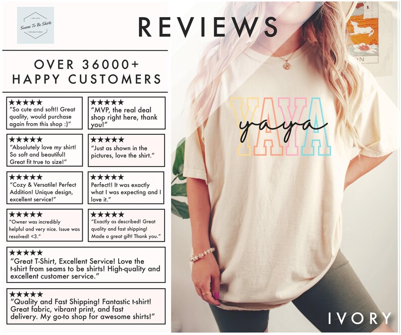 May include: A white t-shirt with the word "yaya" printed in rainbow colors. The shirt is being modeled by a person wearing a pair of olive green shorts. The text "IVORY" is printed in the bottom right corner of the image.