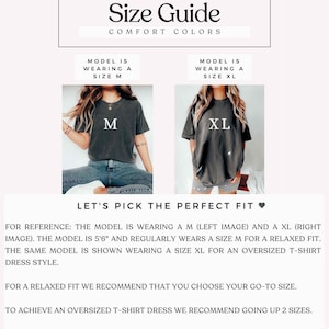 Puede incluir: Gu&iacute;a de tallas para camisetas Comfort Colors. La imagen muestra a una modelo usando una talla M y una talla XL. El texto aconseja elegir tu talla habitual para un ajuste relajado o subir dos tallas para un vestido camiseta oversize.
