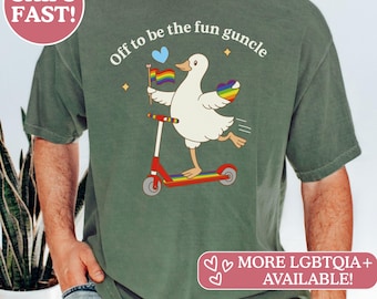 Comfort Colors® Gay Uncle Shirt, Fun Guncle Pride Tee featuring Goose on Scooter, Unique Queer Anniversary Apparel