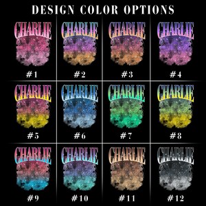 K&ouml;nnte beinhalten: Ein Raster aus zw&ouml;lf Grafikdesign-Farboptionen mit der &Uuml;berschrift DESIGN COLOR OPTIONS. Jede Option zeigt den Namen CHARLIE in einer fetten, geschwungenen Schrift &uuml;ber einer texturierten, nebelartigen Form mit Blitzmotiven, nummeriert.