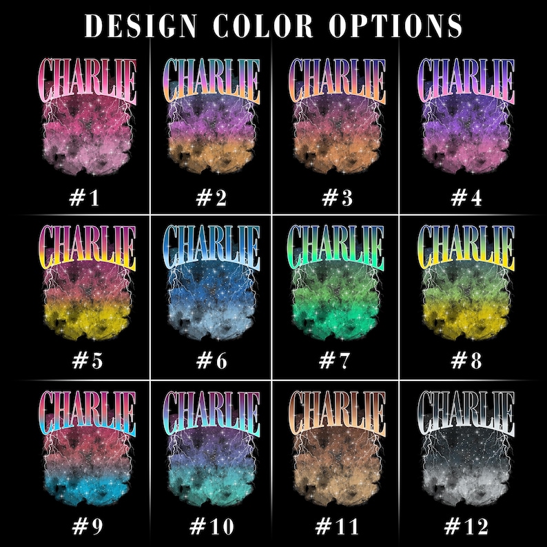 K&ouml;nnte beinhalten: Ein Raster aus zw&ouml;lf Grafikdesign-Farboptionen mit der &Uuml;berschrift DESIGN COLOR OPTIONS. Jede Option zeigt den Namen CHARLIE in einer fetten, geschwungenen Schrift &uuml;ber einer texturierten, nebelartigen Form mit Blitzmotiven, nummeriert.