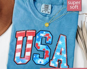 Camiseta Comfort Colors® USA, camiseta del 4 de julio para mujer, camiseta patriótica, camiseta del 4 de julio, camiseta estadounidense, camiseta del 4 de julio, camiseta de Estados Unidos