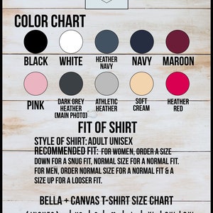 May include: A color chart for t-shirts with a size chart for Bella + Canvas t-shirts. The chart shows the measurements in inches for XS, S, M, L, XL, 2XL, and 3XL sizes. The measurements include width, length, and sleeve length.