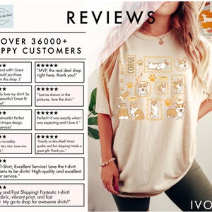May include: Ivory-colored t-shirt featuring a collection of Corgi dog illustrations in various poses, resembling postage stamps. The word "CORGI" is printed vertically on the left side. The shirt also includes paw prints and the word "REVIEWS" at the top.