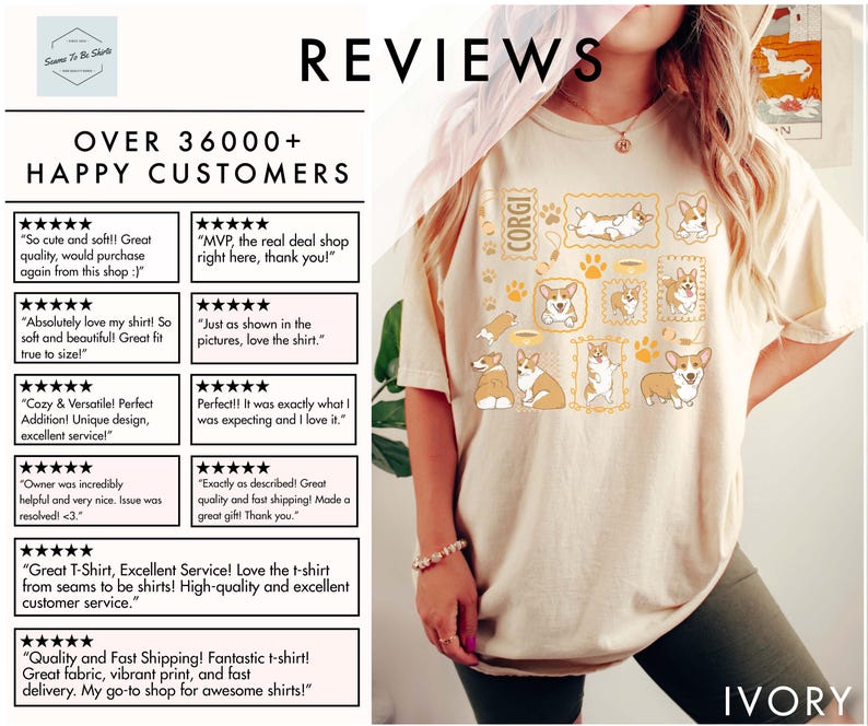 May include: Ivory-colored t-shirt featuring a collection of Corgi dog illustrations in various poses, resembling postage stamps. The word "CORGI" is printed vertically on the left side. The shirt also includes paw prints and the word "REVIEWS" at the top.