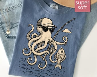 Camiseta de pesca Comfort Colors® para homens, com estampa de polvo, ideal para o Dia dos Pais.