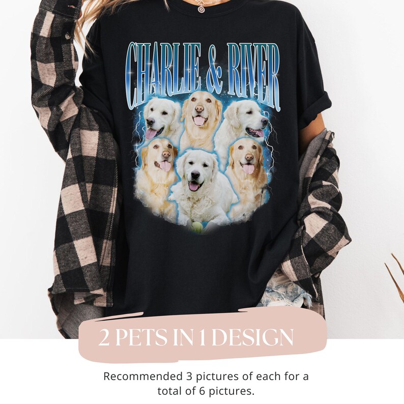 K&ouml;nnte beinhalten: Ein schwarzes T-Shirt mit einem Grafikdruck, der den Text CHARLIE & RIVER in blauer Schrift &uuml;ber sechs Bildern von Golden Retriever Hunden zeigt. Die Hunde sind in einer Collage angeordnet, umgeben von blauen Blitzakzenten.