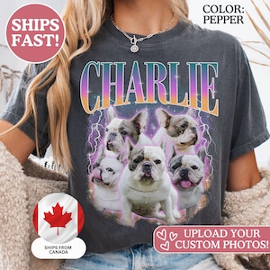 May include: A pepper-coloured t-shirt featuring the name CHARLIE in a gradient orange to purple font at the top. Below the text is a graphic collage of four French Bulldog dogs surrounded by a purple lightning and starburst background effect.