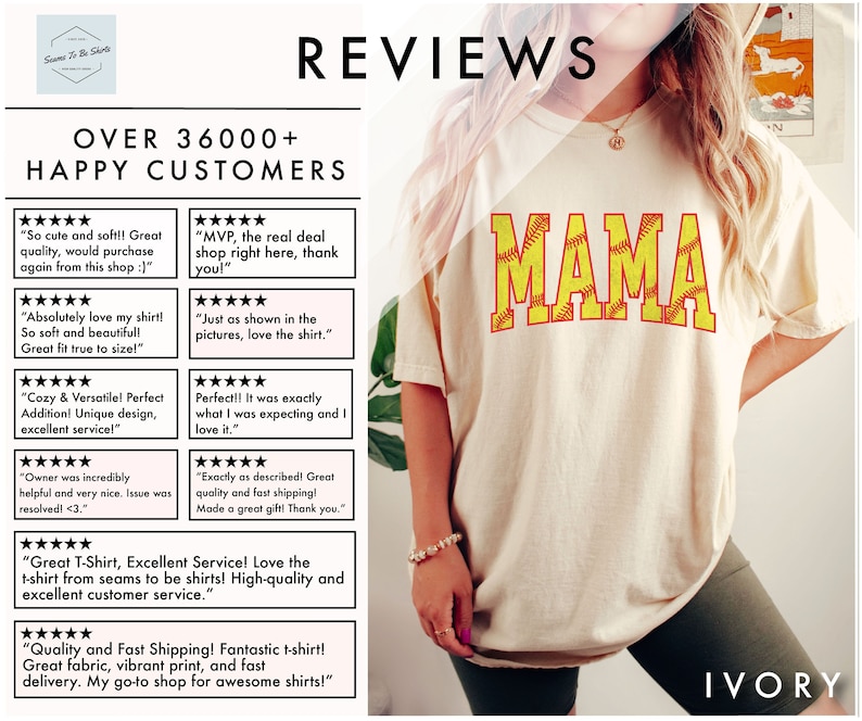 May include: A white t-shirt with the word "MAMA" printed in yellow letters with a softball design. The softball is yellow with red stitching. The t-shirt is being worn by a person. The background is a light brown wall with a picture of a horse on it. The text "IVORY" is printed in black at the bottom of the image.