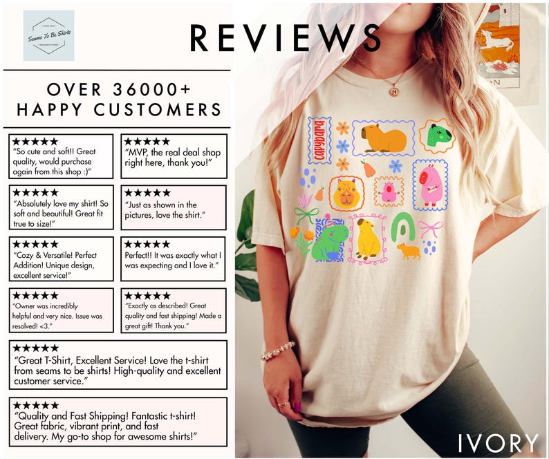 May include: Ivory-colored t-shirt featuring a colorful graphic of capybaras in postage stamp designs. The shirt includes the word "capybara" and is surrounded by text that reads "Reviews" and "Over 36000+ Happy Customers."