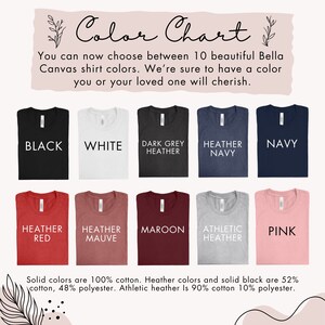 May include: Color chart showing 10 different Bella Canvas t-shirt colors. The colors are: Black, White, Dark Grey Heather, Heather Navy, Navy, Heather Red, Heather Mauve, Maroon, Athletic Heather, and Pink. The chart also includes information about the fabric composition of each color.