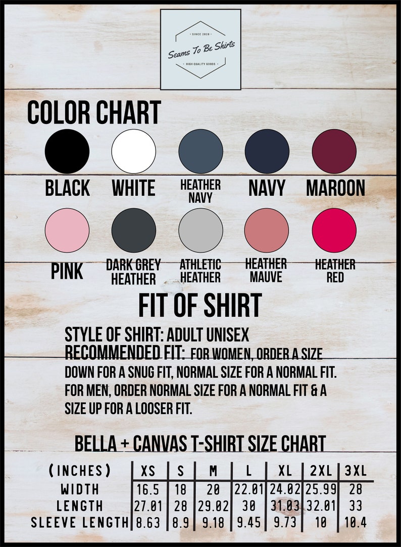 K&ouml;nnte beinhalten: Eine Farbkarte f&uuml;r T-Shirts mit einer Gr&ouml;&szlig;entabelle f&uuml;r Bella + Canvas T-Shirts. Die Karte zeigt die verschiedenen verf&uuml;gbaren Farben, darunter Schwarz, Wei&szlig;, Heather Navy, Navy, Maroon, Pink, Dark Grey Heather, Athletic Heather, Heather Mauve und Heather Red. Die Gr&ouml;&szlig;entabelle zeigt die Ma&szlig;e in Zoll f&uuml;r Breite, L&auml;nge und &Auml;rmell&auml;nge f&uuml;r die Gr&ouml;&szlig;en XS, S, M, L, XL, 2XL und 3XL.