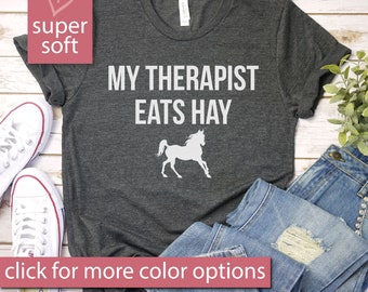 Camiseta Mi terapeuta come heno - Camiseta divertida para amantes de los caballos, camiseta para amantes de los caballos, regalo de camiseta ecuestre, camiseta premium unisex para hombres y mujeres