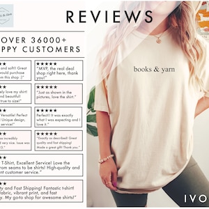 May include: Ivory-colored t-shirt with the text "books & yarn" in a casual font. The image includes customer reviews and the shop's logo. The shirt is part of a collection of shirts.