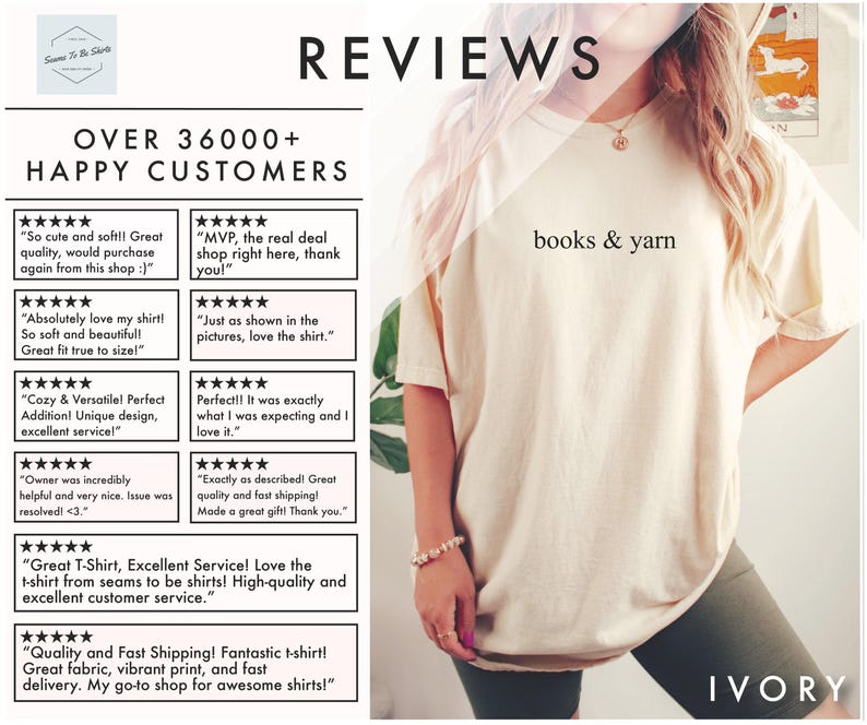 May include: Ivory-colored t-shirt with the text "books & yarn" in a casual font. The image includes customer reviews and the shop's logo. The shirt is part of a collection of shirts.