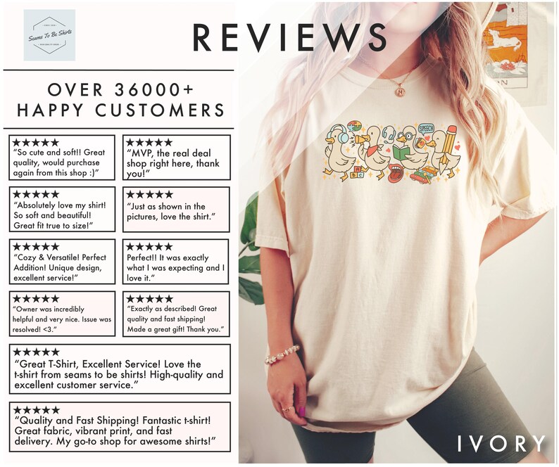 May include: Ivory-colored t-shirt featuring a line of cartoon ducks with school-themed accessories. The shirt has the word "Reviews" at the top and customer reviews on the left side. The shirt is a comfortable fit.