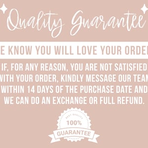 May include: A light pink background with white text that reads "Quality Guarantee". The text below states "We know you will love your order!" and provides details about returns and refunds. A "100% Guarantee" badge is at the bottom.