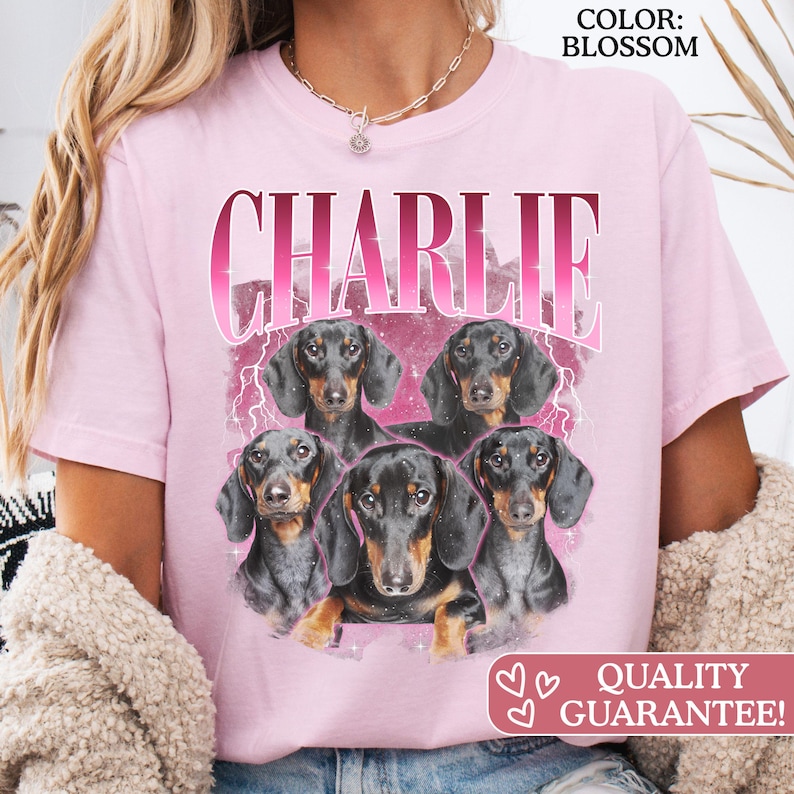 K&ouml;nnte beinhalten: Ein hellrosa T-Shirt mit dem Namen CHARLIE in gro&szlig;en rosa Buchstaben oben. Unter dem Text sind vier schwarz-braune Dackel in einer Gruppe vor einem rosa Hintergrund mit Blitz-Akzenten und Glitzereffekten abgebildet.