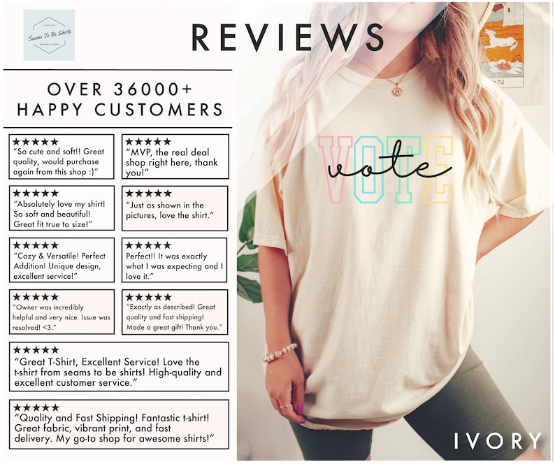 May include: A white t-shirt with a rainbow colored "vote" graphic. The t-shirt is being worn by a person with long blonde hair. The person is wearing green shorts and a gold bracelet. The background is a light brown wall with a book on a shelf.