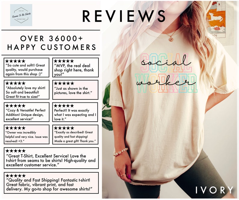 May include: A close-up of a beige t-shirt with the text "social worker" in rainbow colors. The shirt is being modeled by a person wearing it. The text "IVORY" is in the bottom right corner of the image.