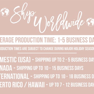 May include: A graphic with the text "Ship Worldwide" and information about average production time and shipping times for domestic, Canadian, international, and Puerto Rico/Hawaii orders. The text states that production times are subject to change during major holiday seasons.
