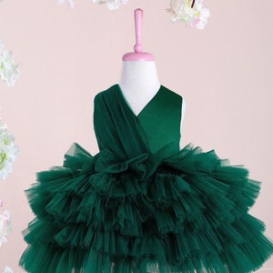 Emerald Green Costume,Luxury Satin Dress,Flower Birthday Outfit,Baby Party Cloth,Pink Girl Dress, Pink Babygirl Costume,Pink Tulle Dress