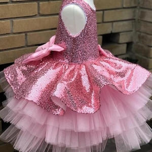 Pink Sequin Costume, Luxury Girls Fur Dress, Birthday Outfit, Baby Party Clothing, Princess Vesture, Baby Gown, Beautiful Babygirl Costume