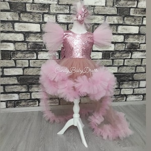Long Tail Pink Girl Dress,Birthday Outfit,Party Dress ,Princess Girl Dress , Baby Gown,Luxury Babygirl Costume , 1st Birthday Dress