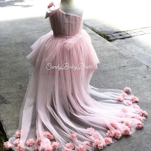 Rosa Mädchen Kleid mit Blumen, Blume Geburtstag Outfit, Ausgefallene Mädchen Frock, Baby Party Tuch, Prinzessin Vesture, Baby Mädchen Kleinkind, Mädchen Tuch