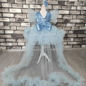 Baby Blue Flower Girl Dress, Tulle Dress, Princess Baby Girl, Wedding Dress, First Birthday Photo Shoot Butterfly Sleeve Dress