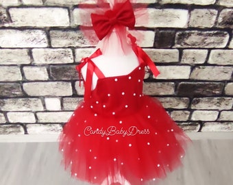 Greta Pearls Red Tulle Flower Girl Dress , Luxury Red Pearls Dress , Red Baby Girl Dress , Red Birthday Cloth , Red Party Cloth ,