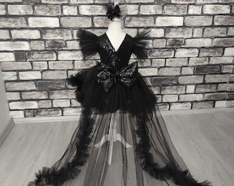 Tenue fille noire, tenue d'anniversaire noire, petite robe tutu noire, robe bébé noire, robe bouffante noire, déguisement noir fille bébé fait main