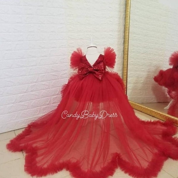 Long Tail Red Dress , Luxury Girls Dress, Flower Birthday Outfit, Baby Party Cloth, Fancy Princess Vestasure, Christmas Babygirl Costume