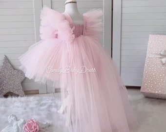 Vestido rosa de cola larga, traje de niña de lujo , vestido de cumpleaños de la niña del bebé, vestido de niña, 1st vestido de nacimiento, traje de bebé, traje de niña