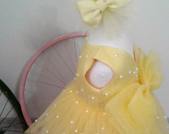 Greta Pearls Luxury Yellow Dress , Girl First Birthday Outfit , Baby Dress , Birthday Dress , Yellow Tutu Dress , Tulle Dress