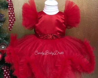 Rote Tüll Blumenmädchen Kleid, Luxus Geburtstagskostüm