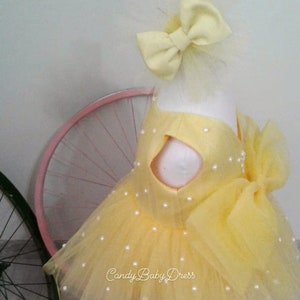 Greta Pearls Luxury Yellow Dress , Girl First Birthday Outfit , Baby Dress , Birthday Dress , Yellow Tutu Dress , Tulle Dress