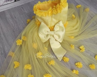 Yellow Girls Dress with Flowers,Flower Birthday Outfit, Fancy Girl frock, Baby Party Cloth, Princess Vesture, Baby Girl Toddler, Girls Cloth