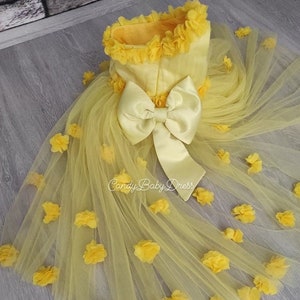 Yellow Girls Dress with Flowers,Flower Birthday Outfit, Fancy Girl frock, Baby Party Cloth, Princess Vesture, Baby Girl Toddler, Girls Cloth