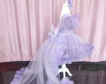 Lilac Lavender Long Train Detachable Sparkly Baby Girl Dress, Birthday Baby Girl Dress, Wedding Baby Dress, Tulle Baby Dress, 1st Birthday