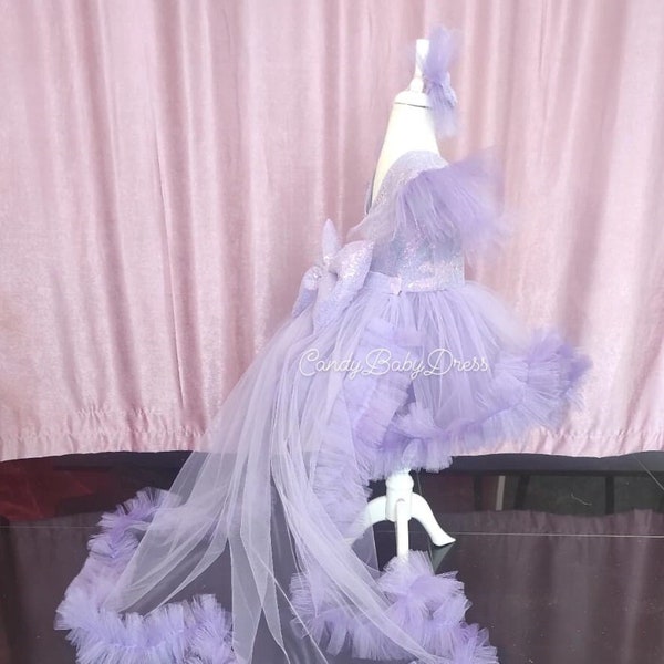 Lilac Lavender Long Train Detachable Sparkly Baby Girl Dress, Birthday Baby Girl Dress, Wedding Baby Dress, Tulle Baby Dress, 1st Birthday
