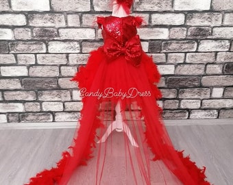 Red Sequin Princess Dress, Long Tail Tulle Tutu, Birthday Costume