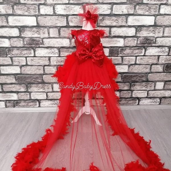 Long Tail Red Princess Dress , Luxury Costume , Tutu Dress Tulle Dress , Baby Girl Dress Birthday Dress , Girl Dress , 1st Birthay Dress